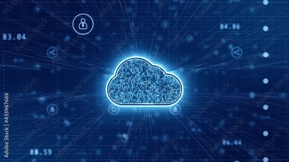 Poster motion graphic of blue cloud computing storage with technology futuristic icon elements abstract bac