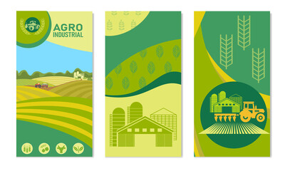 A set of banners with the concept of agriculture, crop production, and farming. Vector illustrations of farmland, rural landscape, tractor in the field.