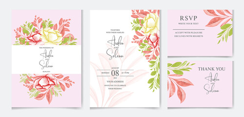 Fototapeta na wymiar Floral wedding invitation template set with brown and peach roses flowers and leaves decoration. watercolor floral frame and border decoration. botanic illustration for card composition design