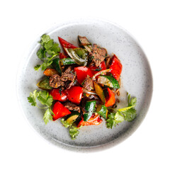 Isolated plate of warm asian salad with beef meat on white background