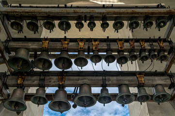 Ancient bronze and copper domes in the bell tower of St. Sophia Cathedral in Kiev, Ukraine