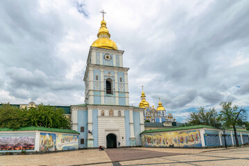 Kyiv, Ukraine - May 14 2021: majestic St. Michael's Golden-Domed Cathedral in Kyiv and the evening sky. Famous historical monument in Kievan Rus. Ancient Christian Orthodox churches with golden domes