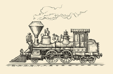 Retro steam locomotive transport sketch. Hand drawn train vintage vector illustration