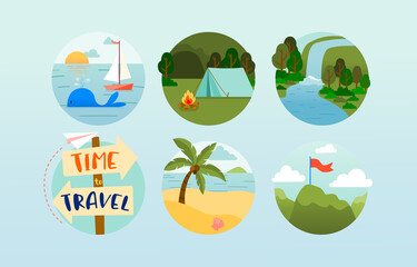 Fototapeta premium Time to Travel Icon in Ocean, Jungle, Waterfall, Beach and Top of Mountain