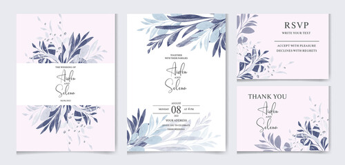 Elegant wedding invitation template set with watercolor leaves frame and border decoration.botanic illustration for card composition design.