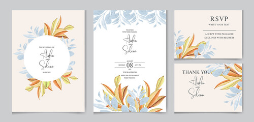 Fototapeta na wymiar Set of watercolor wedding invitation card template with beautiful blue leaves frame and border decoration. botanic illustration for card composition design.