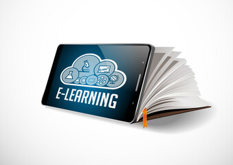 Elearning concept - mobile phone as book with word E-LEARNING