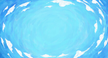 hand drawn simple primitive drawing background, rounded panorama of blue sky with white clouds. Hand drawn simply in cartoon childish style - 433969450