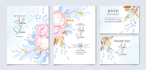 Fototapeta na wymiar Foliage wedding invitation template set with peach rose and soft blue leaves watercolor floral bouquet and border decoration. botanic illustration for card composition.