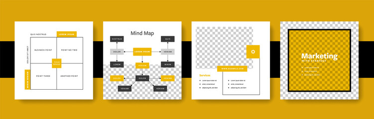 Clean business social media templates, instagram and facebook post layouts for serious company purposes, yellow and black accent graphic design