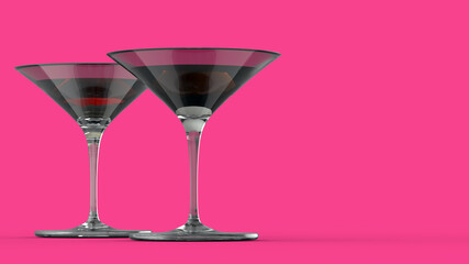 3D render cocktail glasses. Glasses for alcoholic drinks. Backgrounds for kitchen interior