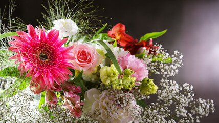 Composition with bouquet of freshly cut flowers