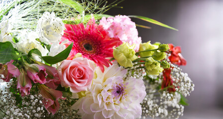 Composition with bouquet of freshly cut flowers