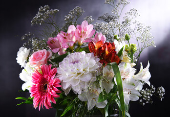 Composition with bouquet of freshly cut flowers