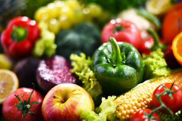 Composition with variety of fresh organic vegetables and fruits