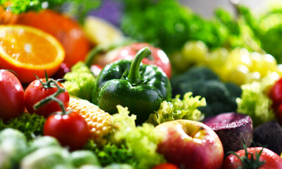 Composition with variety of fresh organic vegetables and fruits
