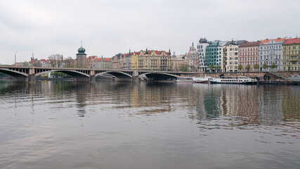 Fototapeta na wymiar Riverside and bridge in Prague and flood threat.