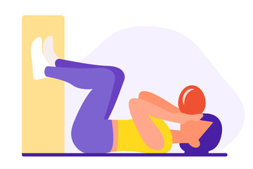 Obraz na płótnie Canvas Girl inflates balloon while lying on floor. Retain Breathing Mechanics in Modern Manual Therapy. Postural Restoration. Physical Therapy. Exercise to strengthen breathing. Vector flat illustration