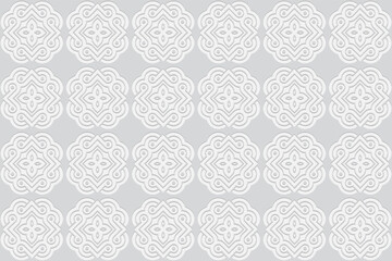 3D volumetric convex embossed geometric white background. Ethnic pattern in the style of doodling, based on the peoples of the East and Asia.
Decorative ornament for wallpaper, website, textile.