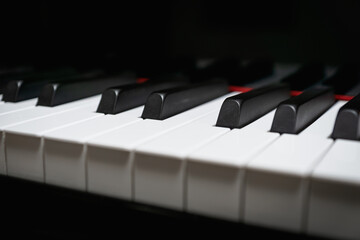 Piano keys on classical grand piano - closeup of piano keyboard for pianist, concert, music production and recording concept