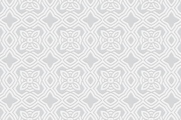 3D volumetric convex embossed geometric white background. Ethnic pattern in the style of doodling, based on the peoples of the East and Asia.
Artistic ornament for wallpaper, website, textile.