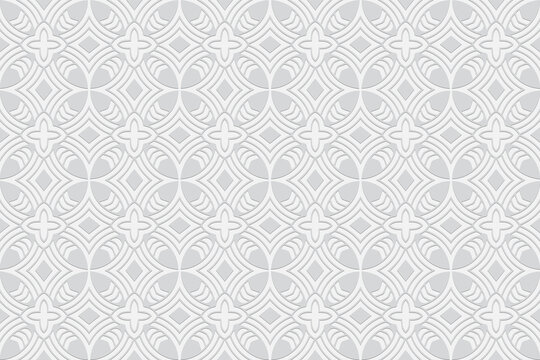 3D volumetric convex embossed geometric white background. Ethnic pattern in the style of doodling, based on the peoples of the East and Asia.
Trendy ornament for wallpaper, website, textile.