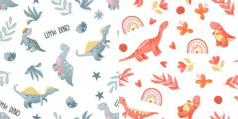 Seamless cute dinosaur pattern. Colorful dino background for kids. Childish vector design for textile and packaging, nursery wallpaper