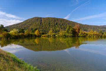 Flooded Planina plain in autumn in Slovenia