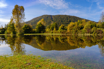 Flooded Planina plain in autumn in Slovenia