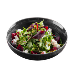 Isolated bowl of beetroot salad with feta cheese and greens