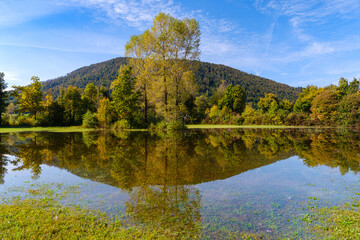 Flooded Planina plain in autumn in Slovenia