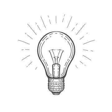 Glowing light bulb .lamp sketch.Electricity, energy concept. Hand drawn vector illustration.