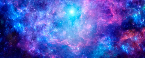 Foto op Canvas Bright purple cosmic background with nebula and stardust © MARIIA
