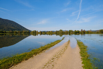 Flooded Planina plain in autumn in Slovenia