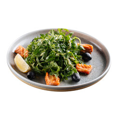 Isolated plate of roasted salmon and arugula salad on white background
