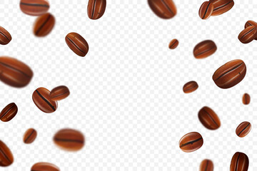 Flying coffee beans background. Seamless realistic brightly flying coffee beans with blur effect. 3d realistic illustration. Transparent background. Vector illustration.