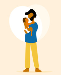 Flat illustration of a beard man carrying his little baby