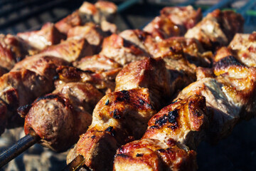 Pork kebabs on skewers on a close-up grill.
