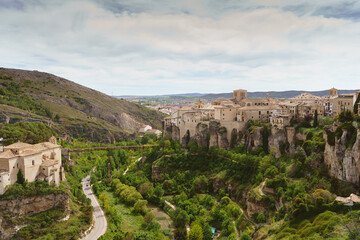 Fototapeta na wymiar Horizontal panoramic view of the european ancient city of Cuenca in Spain. Landscape and travel holidays concept outdoors in Europe.