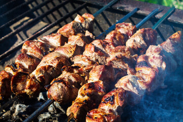Pork kebabs on skewers on a close-up grill.