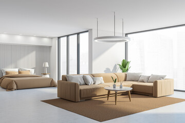 Light bedroom interior with sofa and bed on concrete floor, mockup