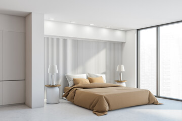 White and beige bedroom interior with bed and linens near window, mockup