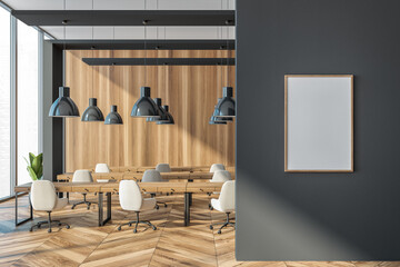 Wooden office coworking interior with minimalist furniture, mockup poster