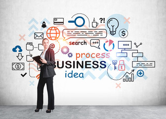 Attractive businesswoman holding notes and pondering about start up development. Business process icons with light bulb on concrete board. Concept of new idea and business plan