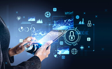 Businesswoman hands with tablet, hud hologram with lock and icons