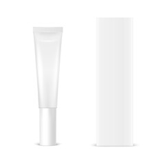 Vector 3d Realistic Plastic, Metal White Lip Balm, Lipstick, Lip Gloss, Cream Tube, Carton Packing Set Isolated on White. Design Template of Toothpaste, Cosmetics, Cream for Mockup. Front View