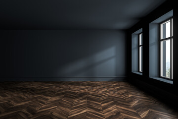 Dark blue empty living room with windows, parquet floor and mockup