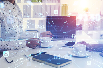 Side view of business woman is sitting at office workplace and wondering about analyzing pie charts and information flow. Concept of marketing analysis. Digital interface and logistics