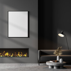 Modern interior living room with fireplace and white mockup poster on wall. Ad concept. 3d rendering.