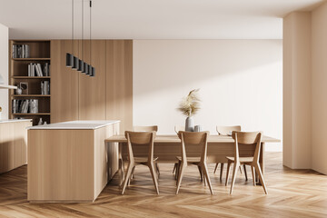Modern design kitchen living room interior. dining table with six chairs, Wooden floor, windows. 3d...